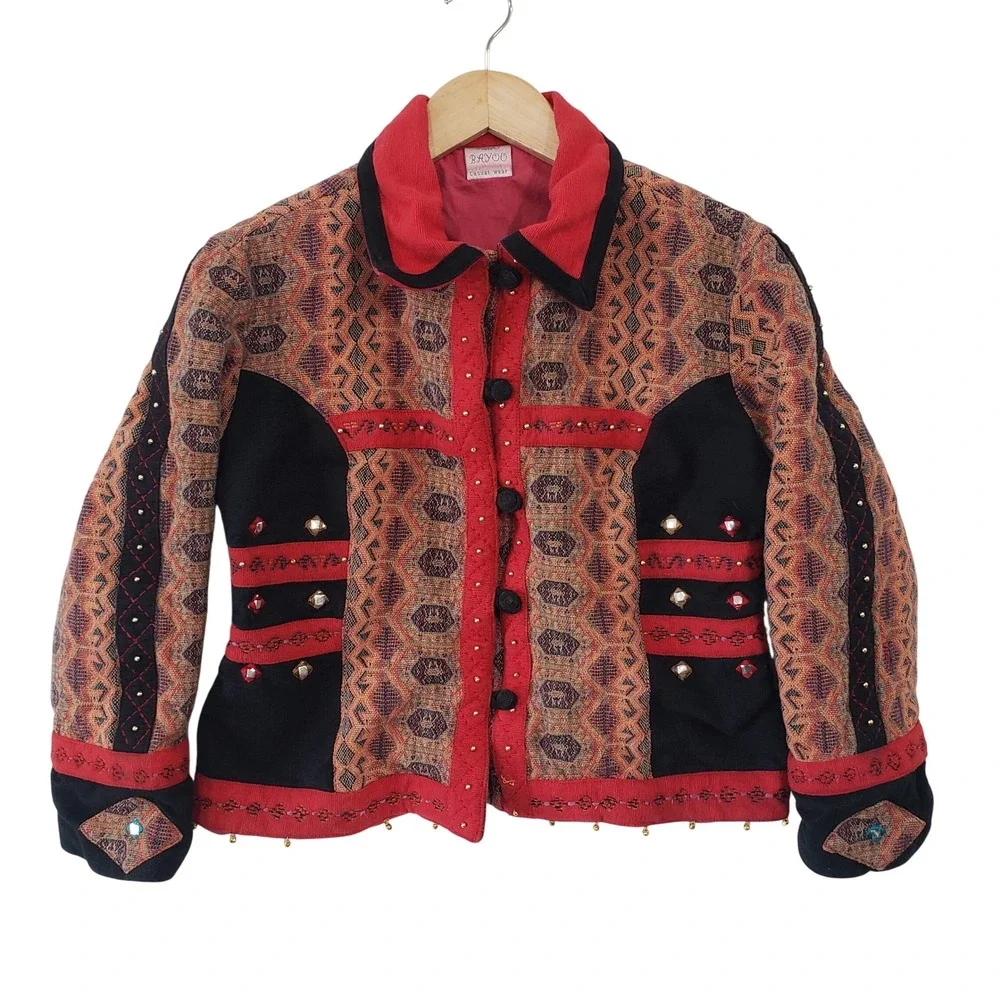 Vintage Bleu Bayou Womens Small Tapestry Beaded Mirror Stud Cotton Jacket‎ Artsy